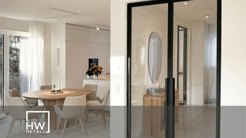 Moderner Wohnraum mit industriellem Flair, durch eine schwarze Loft-Schiebetür mit Glaseinsätzen vom angrenzenden Zimmer getrennt. Helle Wände, Holzfußboden und minimalistisches Interieur betonen den offenen, urbanen Stil.